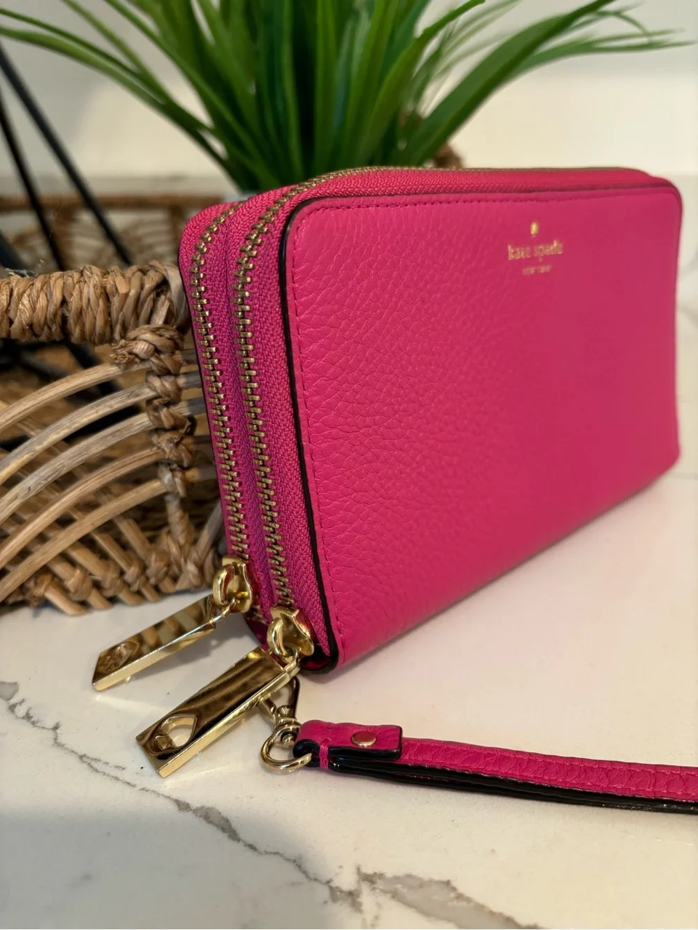 Kate Spade Double Zip Continental Saffiano Wristlet Sweetheart Pink Gold Metal